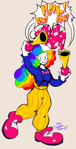 A clown woman with two horns honking. Has a whimsical rainbow afro and huge pink shoes. Her bowtie and huge jester hat are also pink and spotted like the dimples she makes show on smiling people's faces. Striped baggy overalls colored like the sun, over a nice blue sleeved shirt. She's smiling without any malice in her heart as she honks. She loves her life.